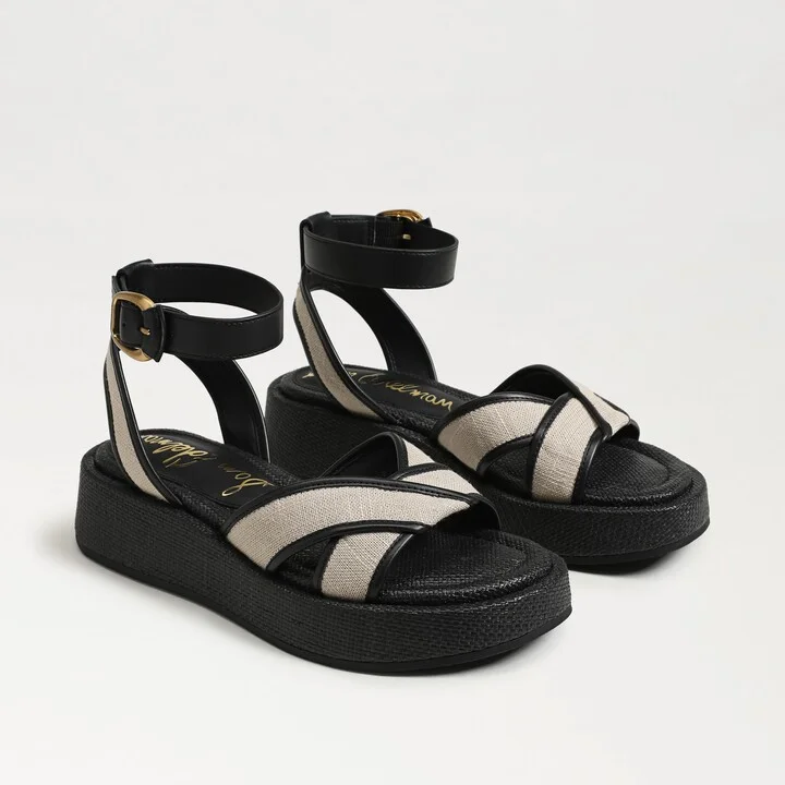 Sam Edelman Nylie Platform Ankle Strap Sandal Natural Black Linen Fabric