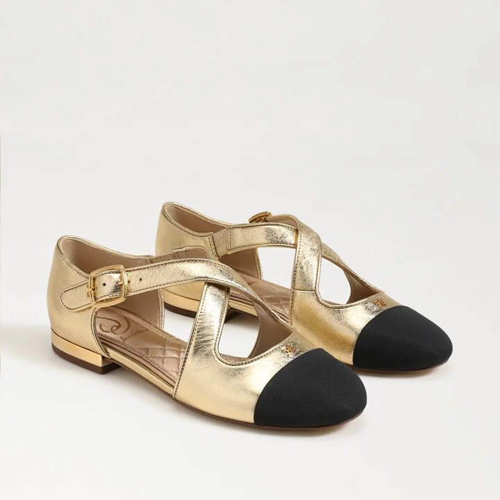 Sam Edelman Roxie Mary Jane Flat Amber Gold/ Black Leather
