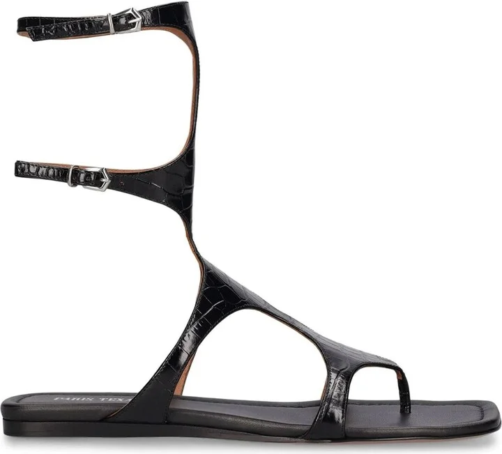 Sandal In Black Croc-embossed Leather