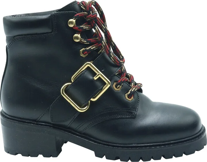 Sandro Buckle Combat Boots in Black Leather