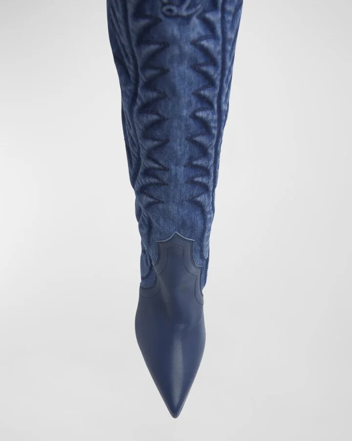 Santia Denim Stitch Red Sole Knee Boots - Image 4