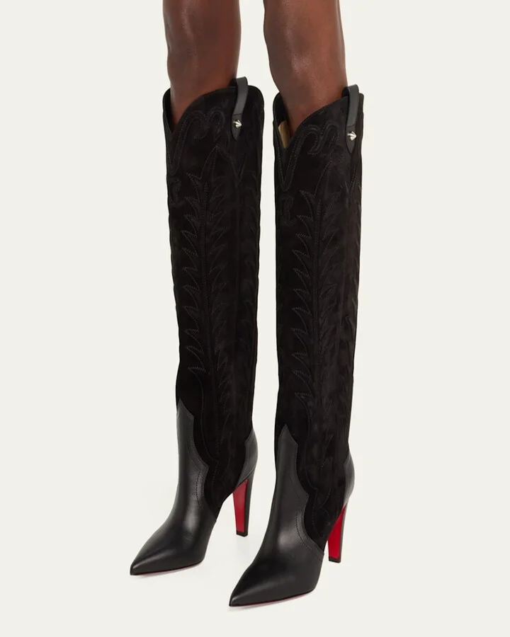 Santia Mixed Leather Suede Knee-High Red Sole Western Boots - Image 3