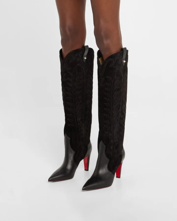 Santia Mixed Leather Suede Knee-High Red Sole Western Boots - Image 3