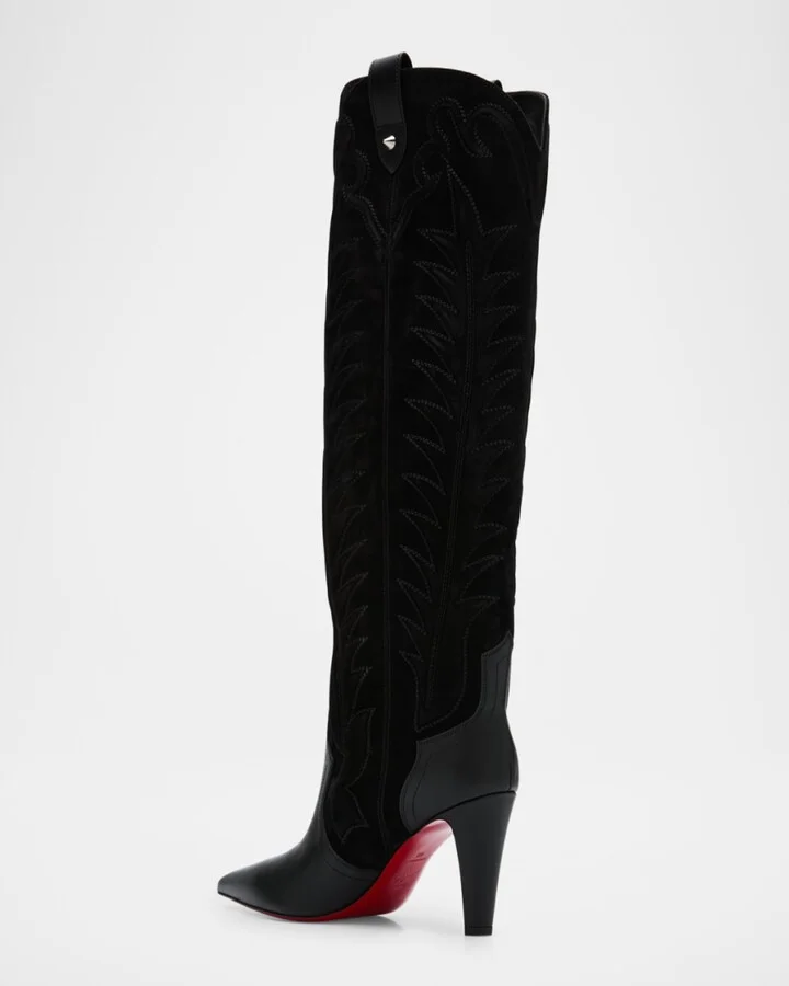 Santia Mixed Leather Suede Knee-High Red Sole Western Boots - Image 5