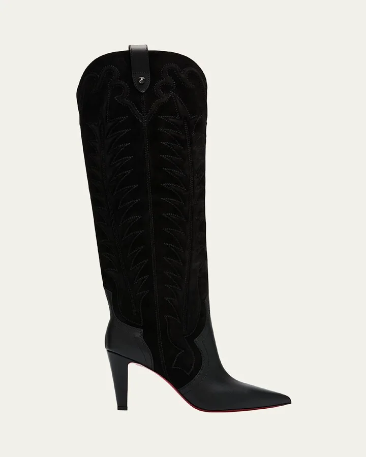 Santia Mixed Leather Suede Knee-High Red Sole Western Boots