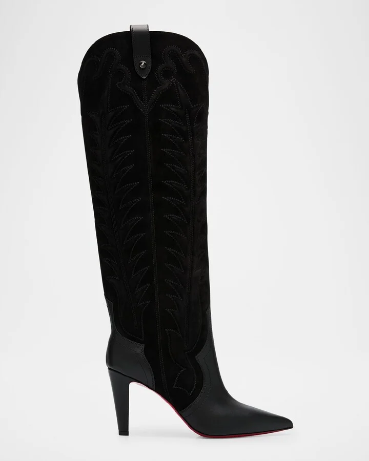 Santia Mixed Leather Suede Knee-High Red Sole Western Boots