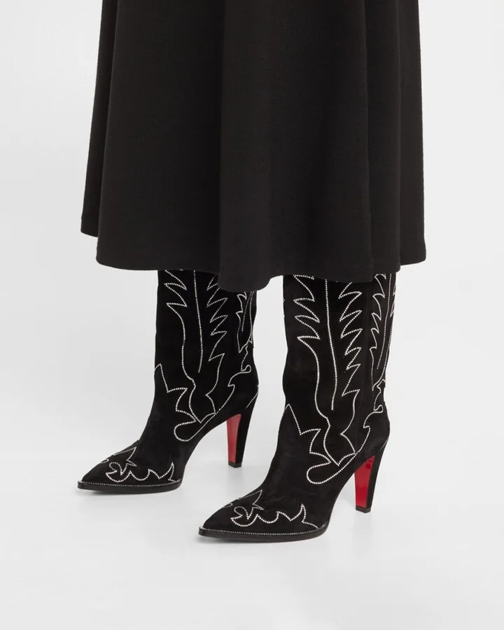 Santia Suede Strass Knee-High Red Sole Western Boots - Image 3