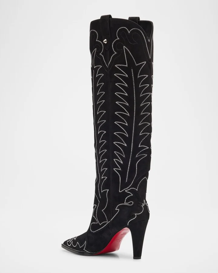 Santia Suede Strass Knee-High Red Sole Western Boots - Image 5