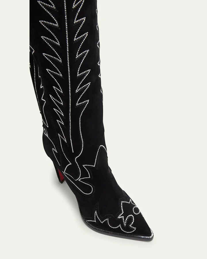 Santia Suede Strass Knee-High Red Sole Western Boots - Image 4