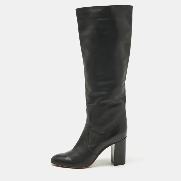 Santoni Black Leather Knee Length Boots Size 38