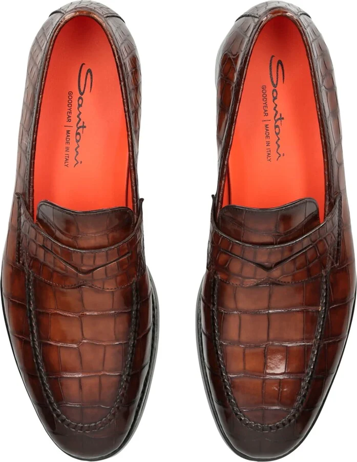 Santoni Crocodile Leather Carlos Penny Loafers - Image 4
