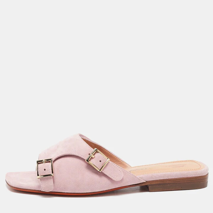 Santoni Pink Suede Double Buckle Flat Sandals Size 35