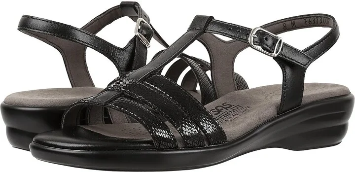 SAS Capri T-Strap Comfort Sandal Women's Shoes Black Snake : 7.5 N - Narrow (AA), Leather