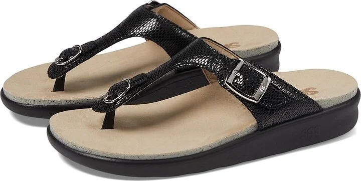 SAS Sanibel Comfort Thong Sandal Women's Shoes Black Snake : 10.5 W - Wide (C), Leather