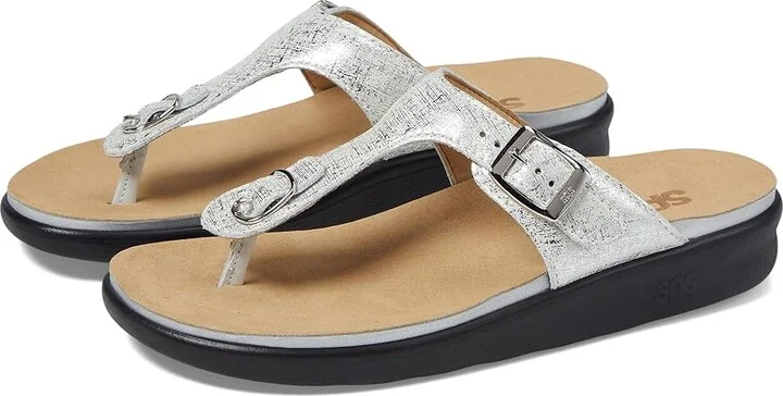 SAS Sanibel Comfort Thong Sandal Women's Shoes Shiny Silver : 7 M - Medium (B), Leather