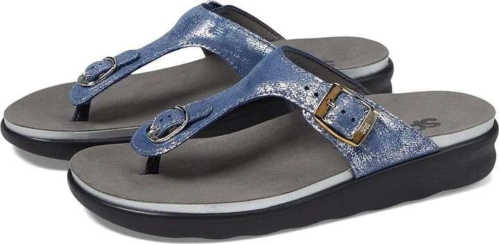 SAS Sanibel Comfort Thong Sandal Women's Shoes Silver/Blue : 7 M - Medium (B), Leather