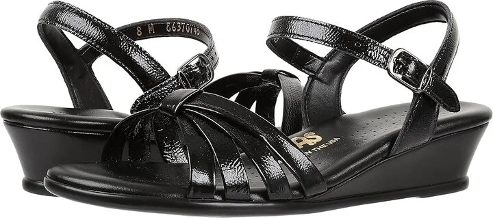 SAS Strippy Wedge Sandal Women's Shoes Black Patent : 7 N - Narrow (AA)