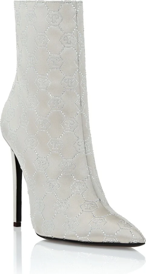 Satin Boots High Heels Mid Monogram Strass