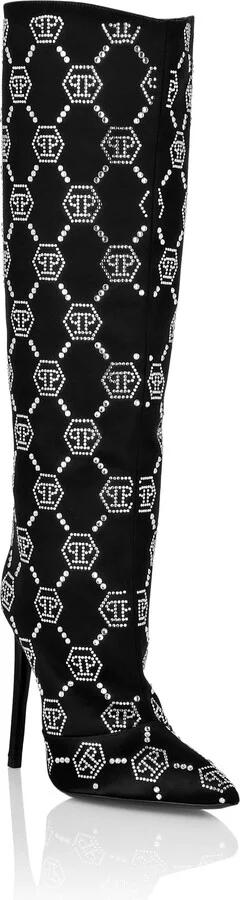 Satin Boots High Heels Mid Strass Monogram