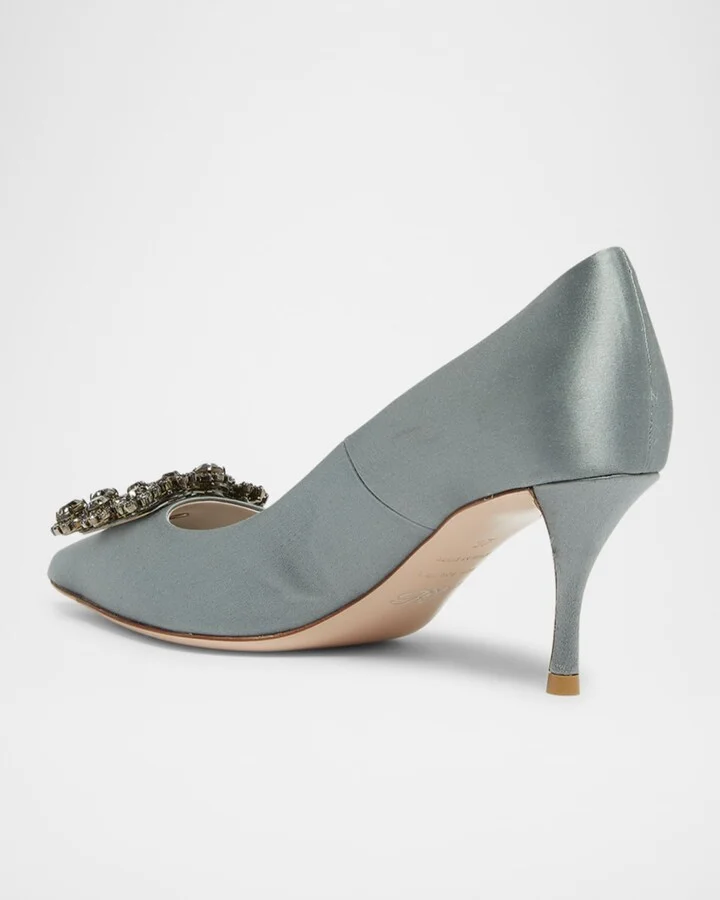 Satin Crystal Flowers Buckle Pumps - Image 2