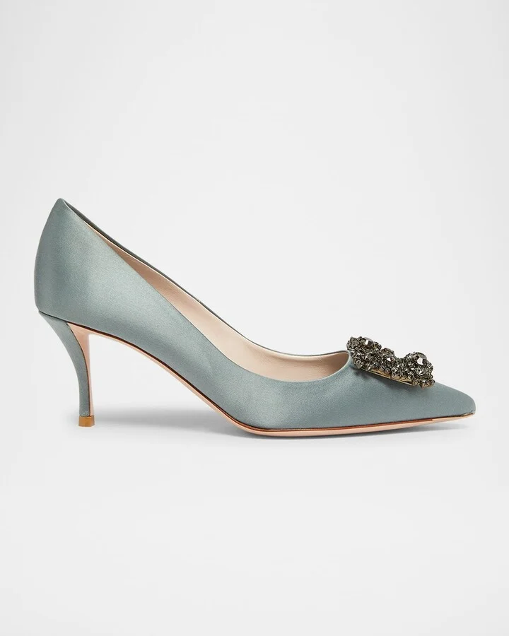 Satin Crystal Flowers Buckle Pumps