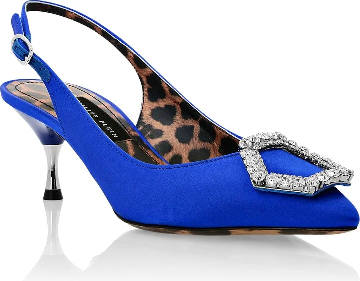 Satin Decollete Slingback Low Heels Crystal Hexagon