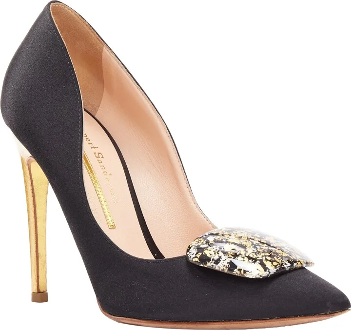 Satin Gold Paint Buckle Heeled Pumps