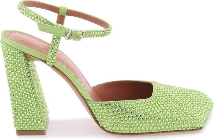 Satin Lime Charlotte Pumps With Crystals