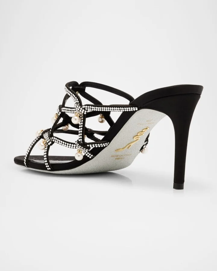 Satin Strass Pearly Caged Stiletto Slide Sandals - Image 3