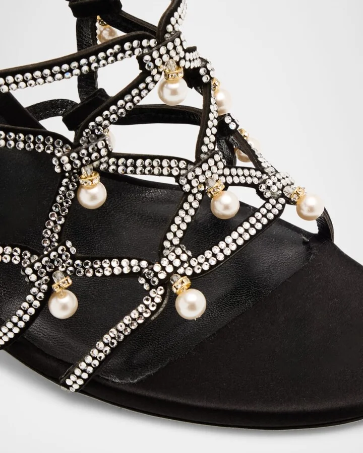 Satin Strass Pearly Caged Stiletto Slide Sandals - Image 6