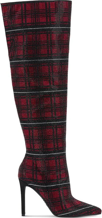 Saveria Womens Rhinestone Plaid Over-The-Knee Boots