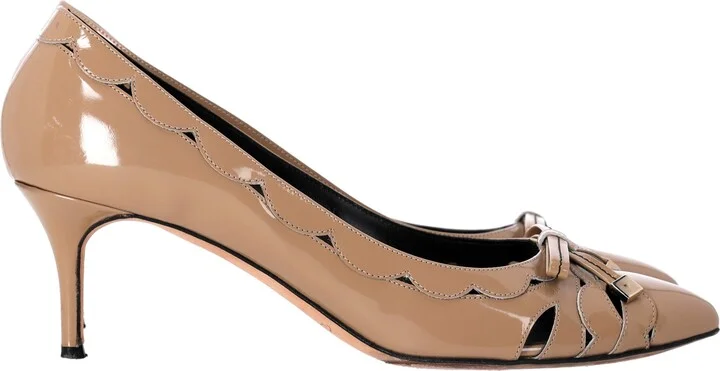 Scallop and Bow Detail Pumps in Brown Patent Leather