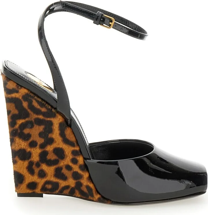 'scandale' Black Wedges With Animalier Print In Patent Leather Woman