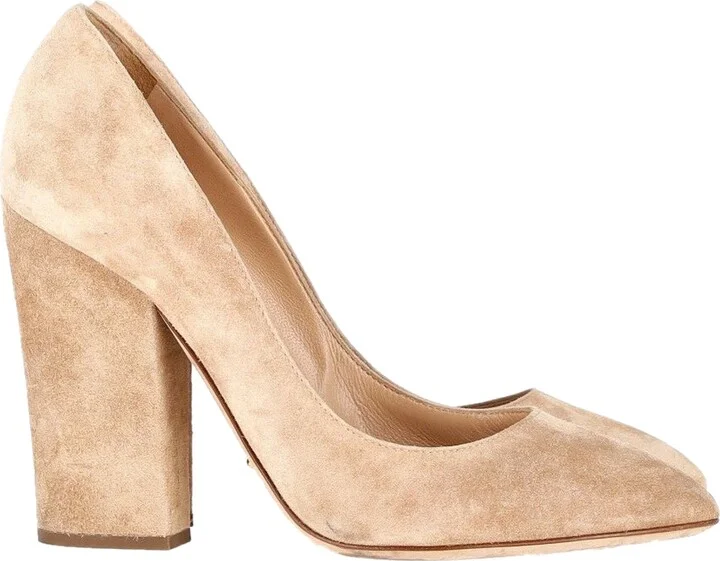 Scarlett Block-Heel Pumps in Beige Suede