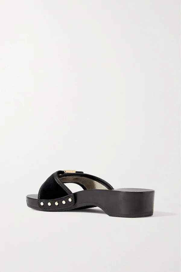 SCHOLL - + Issimo Pescura Buckled Leather-trimmed Velvet Clogs - Black - Image 3