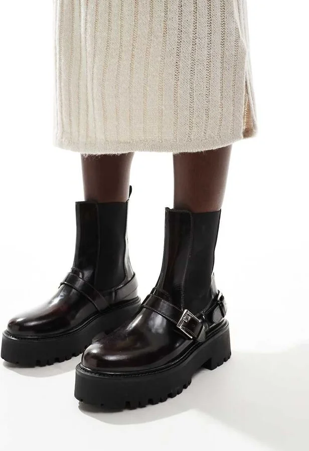 schuh Ariah chunky buckle ankle boots in wine leather