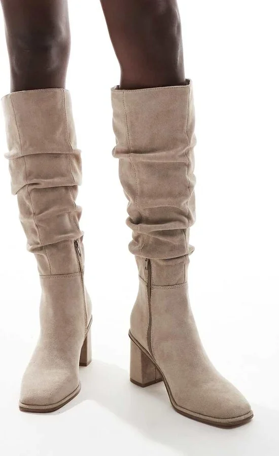 schuh Daria ruched block heeled knee boots in taupe - Image 2
