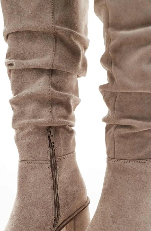 schuh Daria ruched block heeled knee boots in taupe - Image 3
