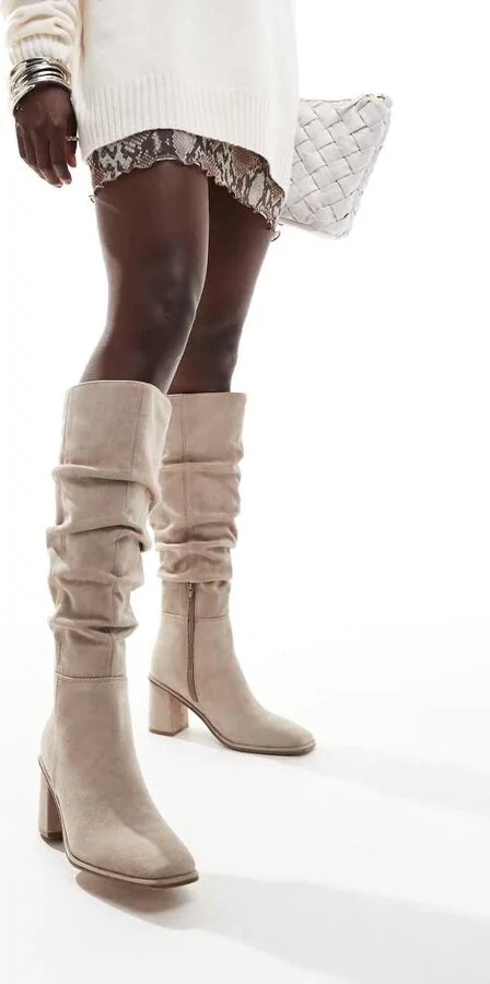 schuh Daria ruched block heeled knee boots in taupe