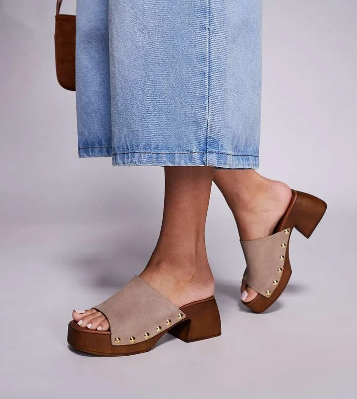 schuh Exclusive Via heeled clog sandals in cream suede