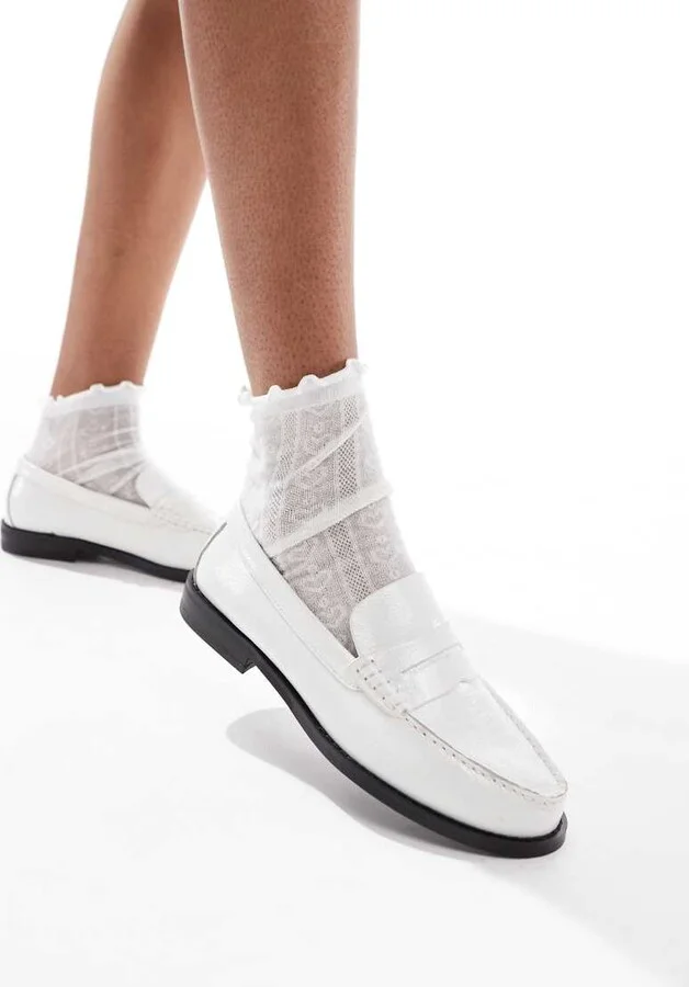 schuh Lillian penny loafers in white crinkle leather - Image 3