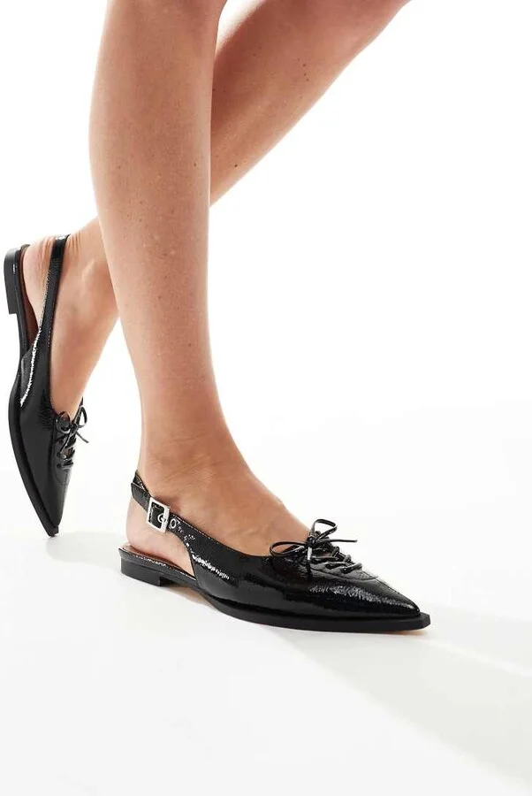 schuh Lorie strappy detail ballet flats in black leather - Image 4