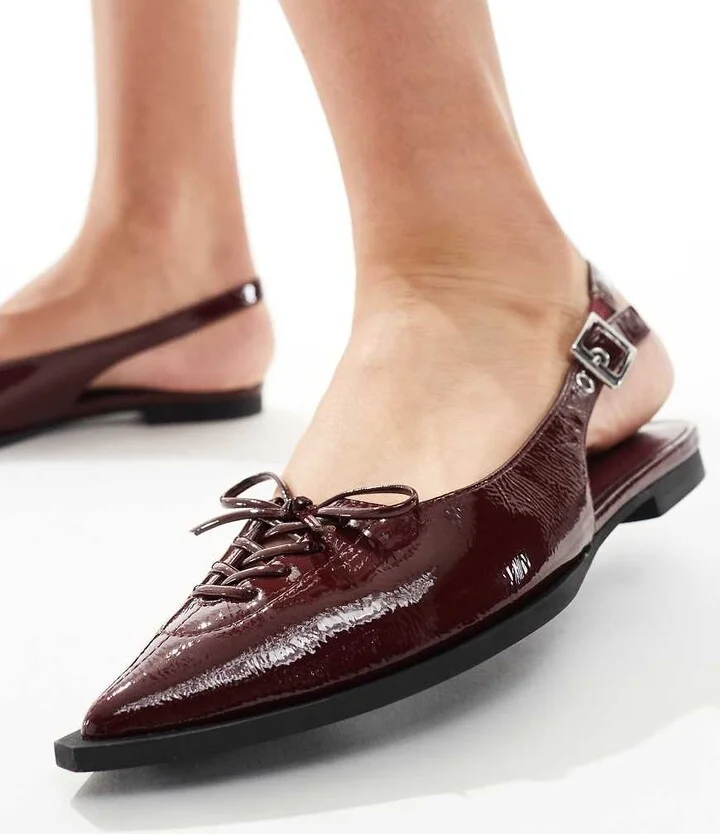 schuh Lorie tie detail pointed toe flats in dark cherry - Image 2