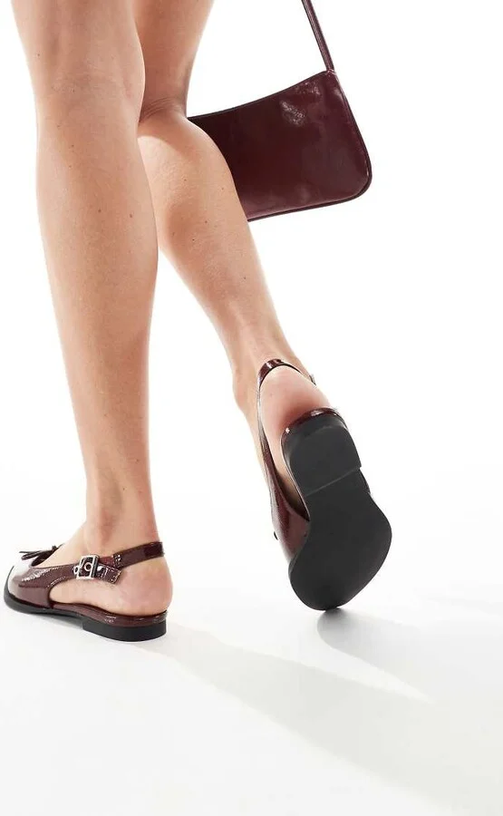schuh Lorie tie detail pointed toe flats in dark cherry - Image 3
