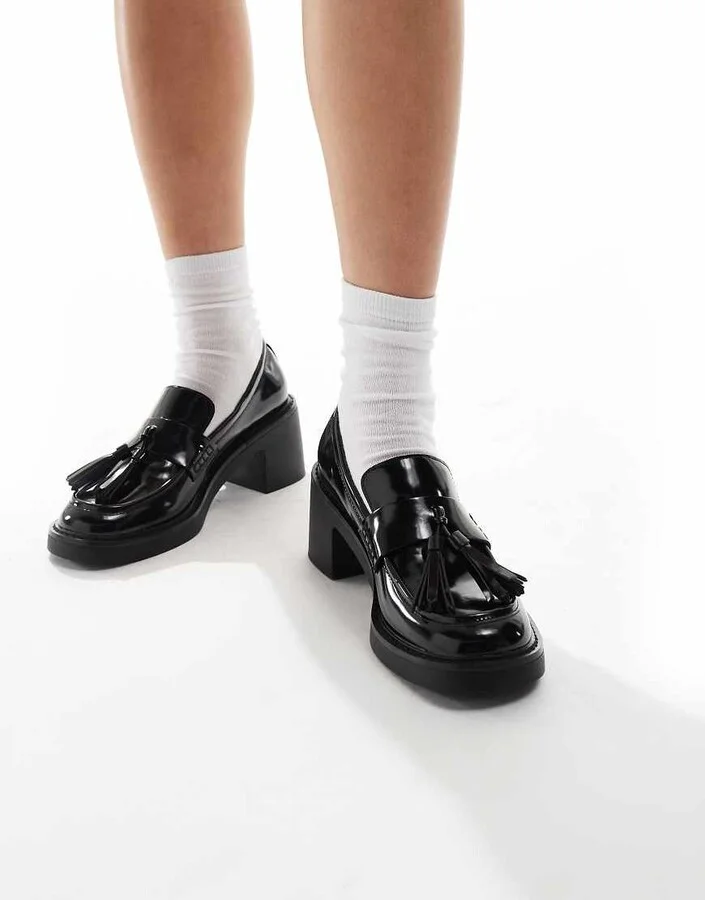 schuh Lovelyn heeled loafers in black patent