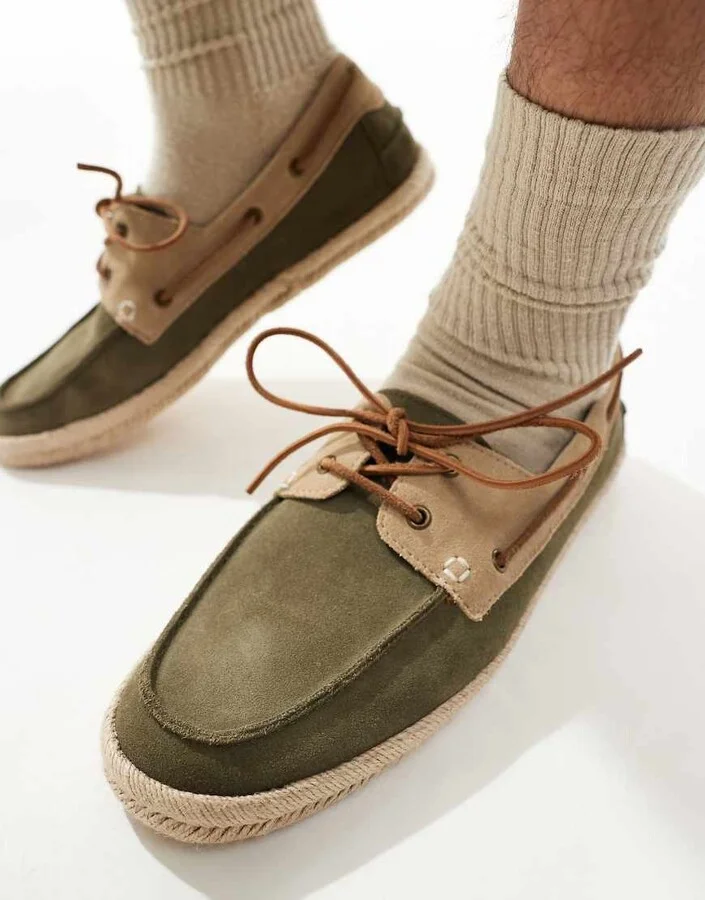schuh Perez espadrille boat shoes in khaki and taupe suede - Image 3