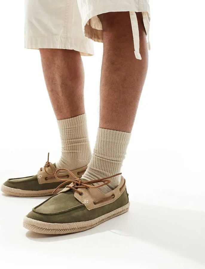 schuh Perez espadrille boat shoes in khaki and taupe suede