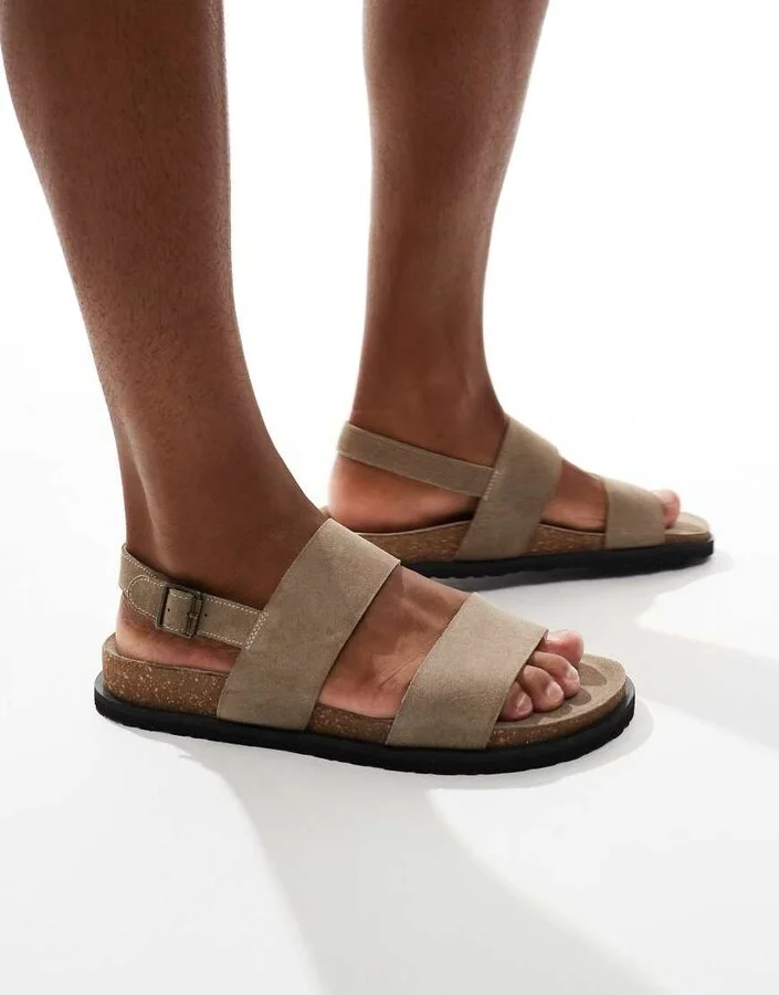 schuh Sol double strap footbed sandals in taupe suede