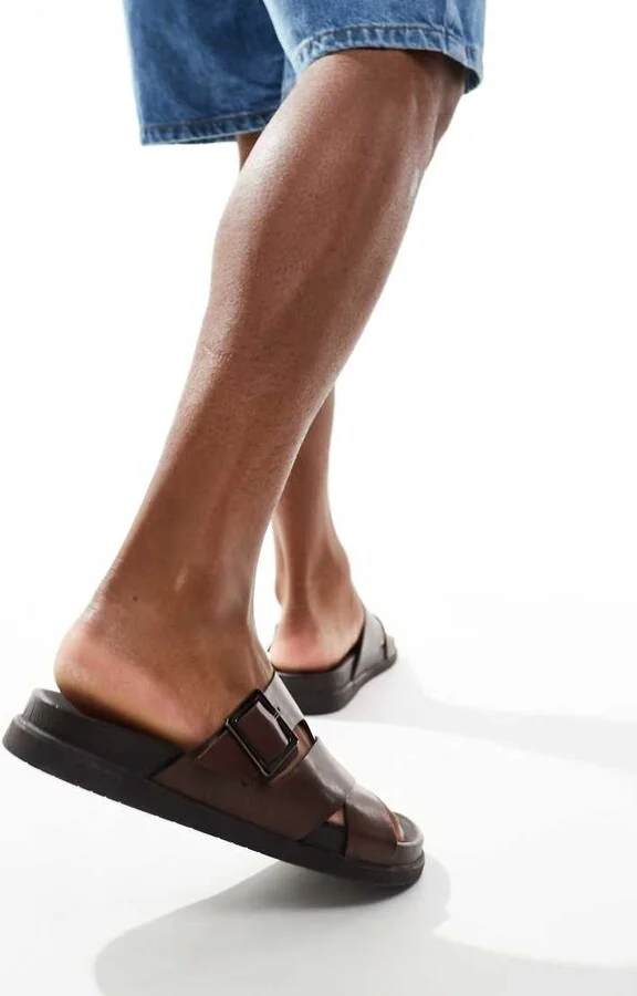 schuh Summit buckle footbed sandals in brown leather - Image 2