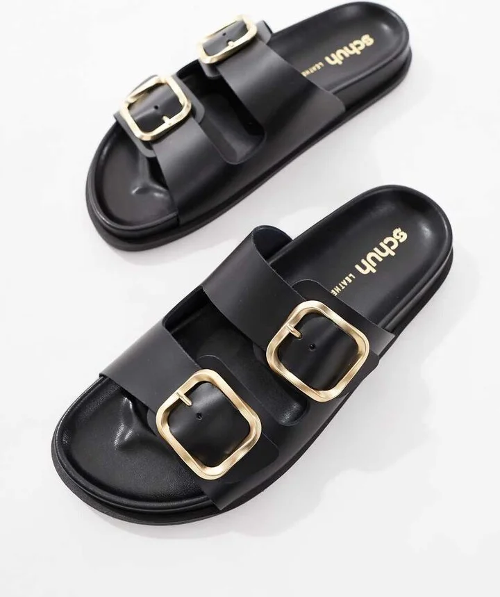 schuh Tylee double buckle sandals in black leather - Image 2